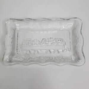 The Last Supper Trinket Vintage Indiana Glass Tiara Dish Clear Embossed Glass 6"